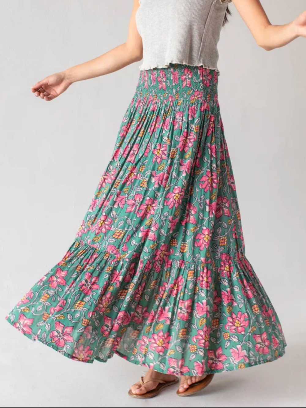 Natural Life Cotton Maxi Skirt Teal Pink Lillies Size XL